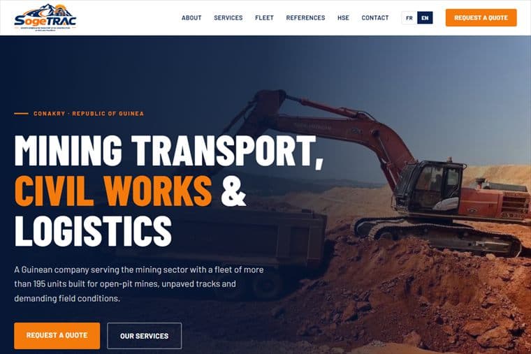 Sogetrac — A bilingual showcase site for a Guinean mining transport, civil works and logistics company.